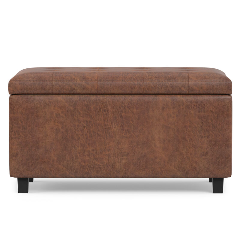 Cosmopolitan 34 inch Wide Transitional Rectangle Storage Ottoman in Distressed Saddle Brown Vegan Faux Leather, Assembled image number 6