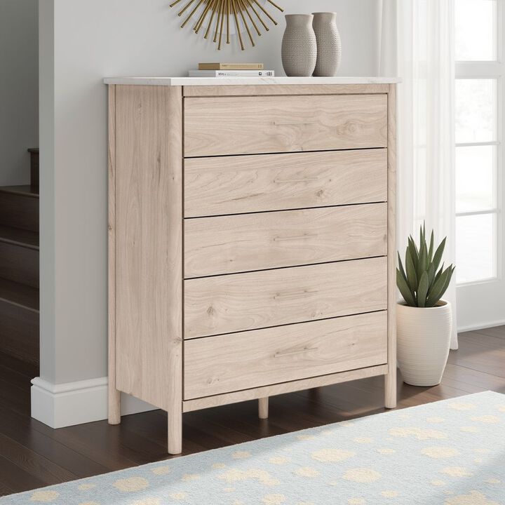 Mooran Tall Dresser Chest, 5 Drawers, Marble Finish Top, Brown Beige