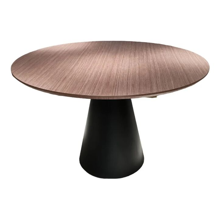 Nasa 49 Inch Modern Dining Table, Walnut Wood Surface, Black Pedestal Base - Benzara