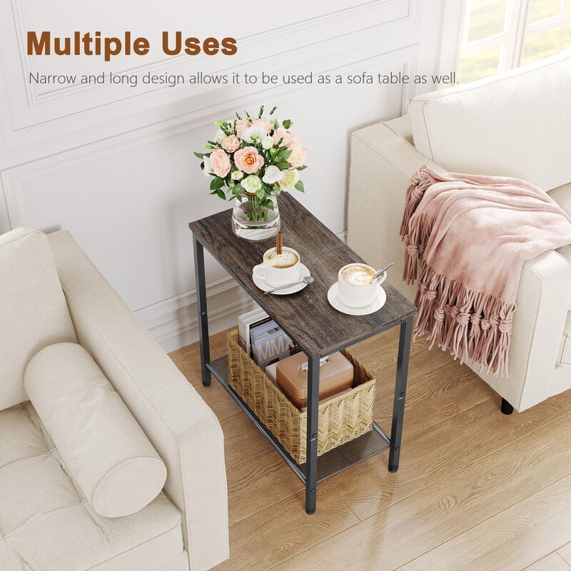 Hoctieon 2 Tier End Table, Sofa Side Table, Narrow Side Table with Storage, Slim Nightstand for Small Spaces, Metal Frame, for L