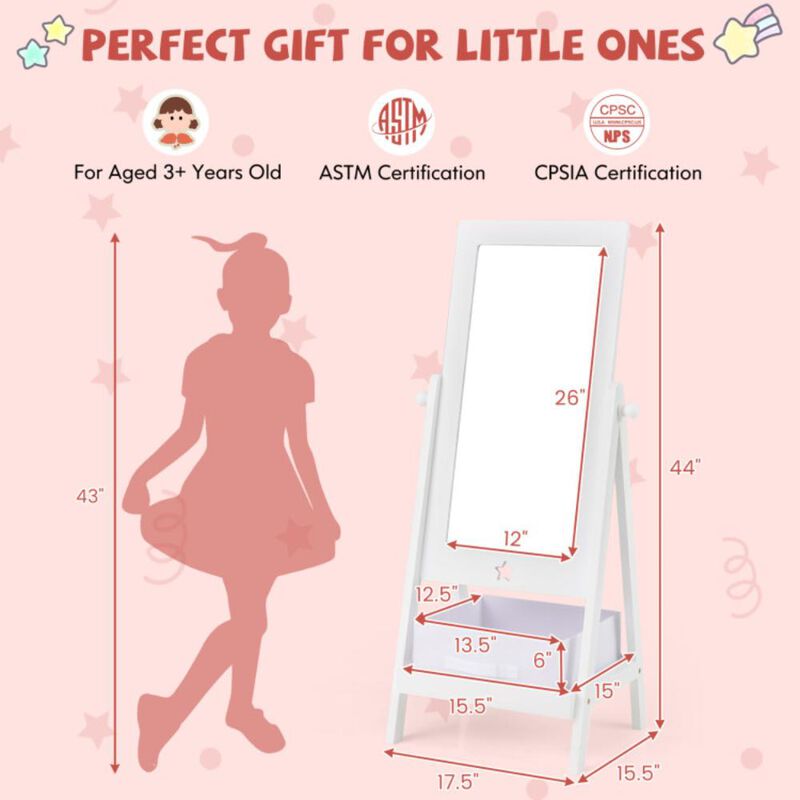 Hivvago Kids Full Length Wooden Standing Mirror with Bottom Shelf and Foldable Storage Bin
