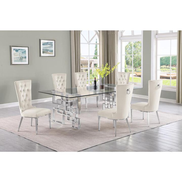 7-piece glam dining set with 6 cream chairs and a 95" long glass  table