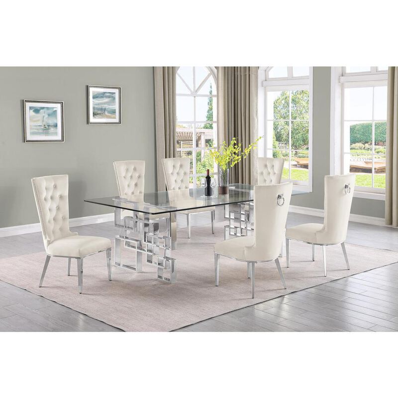 7-piece glam dining set with 6 cream chairs and a 95" long glass  table