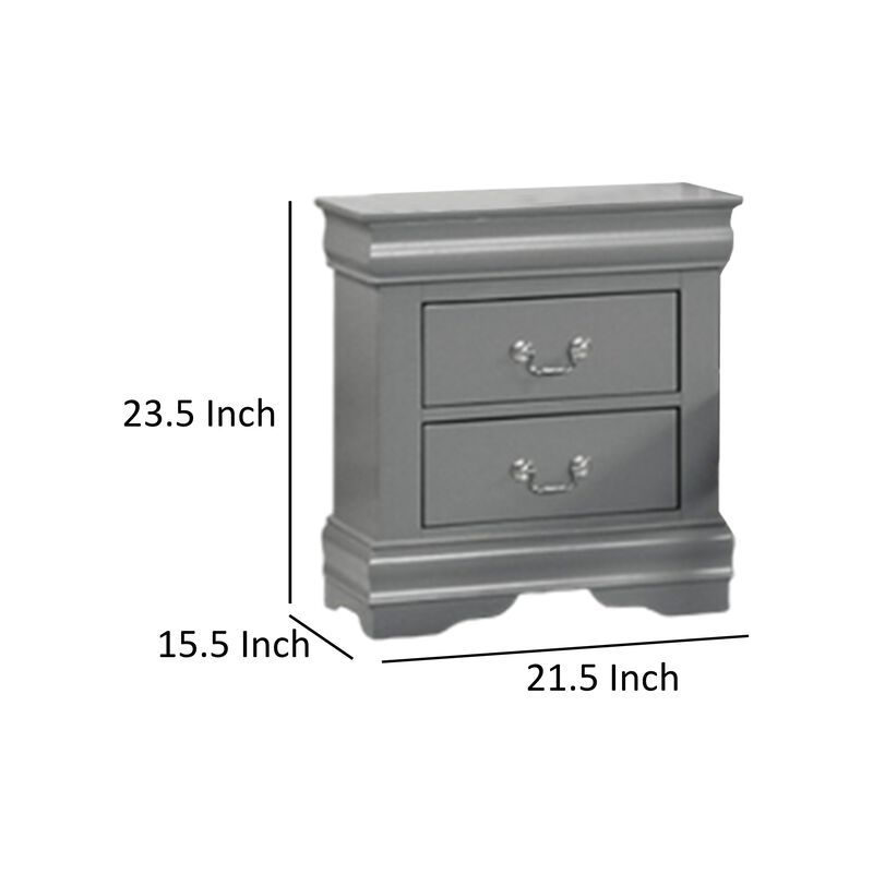 Ryla Nightstand, 2 Drawers, Light Gray Solid Wood, Nickel Drop Handles - Benzara