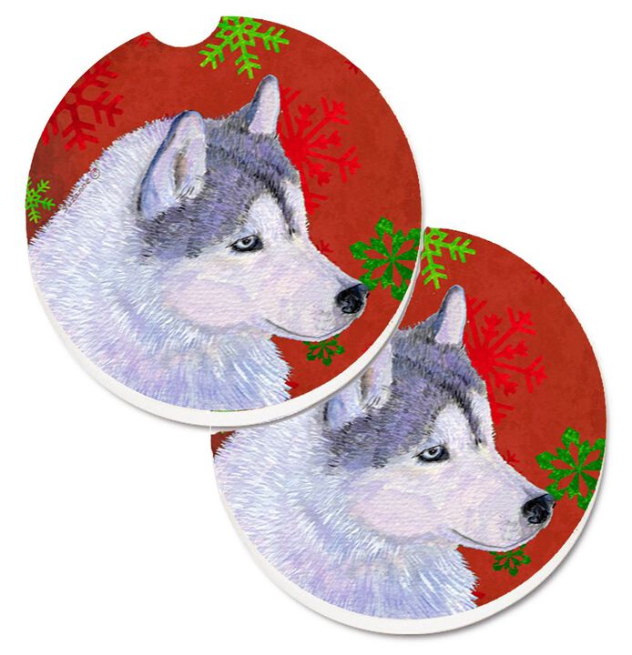 Caroline's Treasures Siberian Husky Red green Snowflake Holiday Christmas Set of 2 Cup Holder Car Coasters SS4671CARC, 2.56, Multicolor