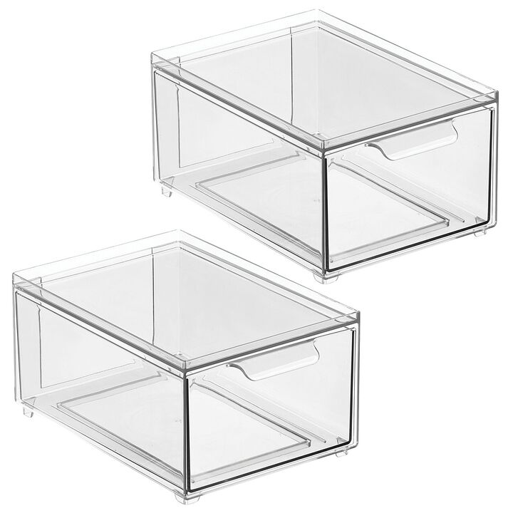 mDesign Stacking Plastic Storage Kitchen Bin with Pull-Out Drawer, 2 Pack, Clear