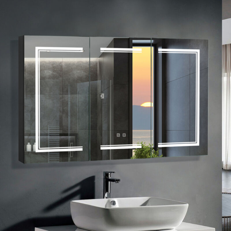 Modern Bathroom Wall Cabinet with Three-Color LED Light and Dual Power Plugs