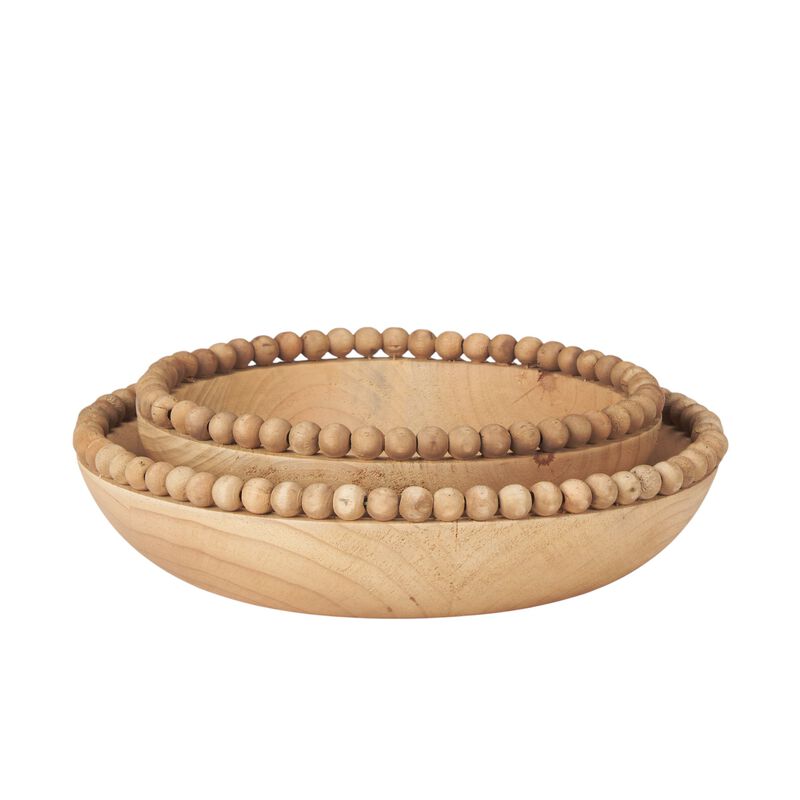 HomeRoots Set of Two Brown Solid Wood Beaded Edge Round Centerpiece Bowl image number 4