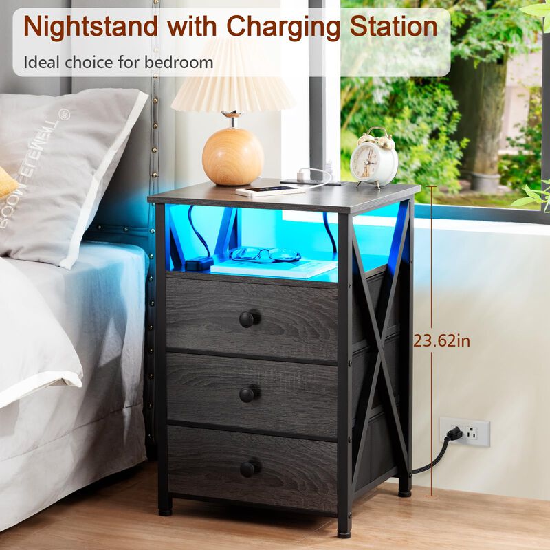 AMHANCIBLE LED Nightstand with Charging Station, Smart End Side Table with USB Port & Power Outlet, Bedside Table with Fabric Dr