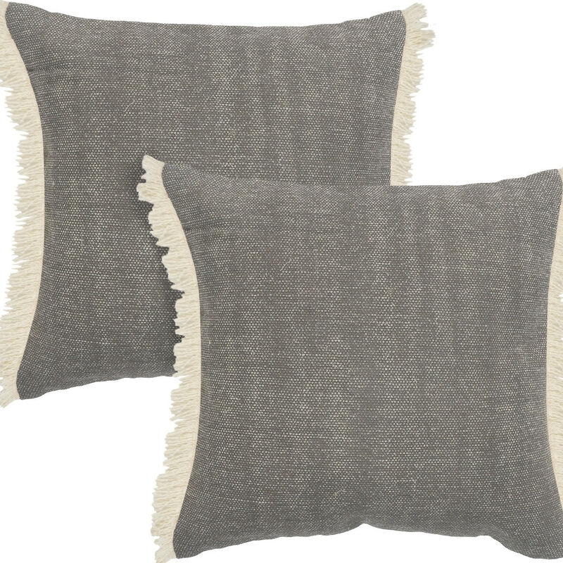 HomeRoots Set of Two 20" Gray And Off White Cotton Throw Pillows with Fringe image number 2