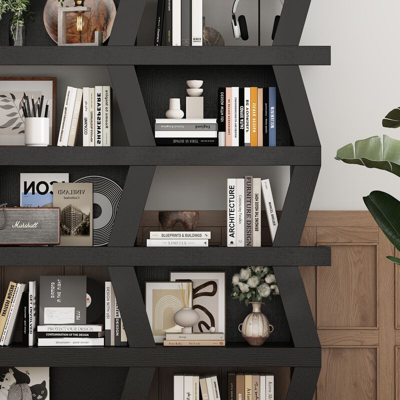 FUFU&GAGA Modern 5-Tier Zigzag Bookcase with Open Shelves (63.8&rdquo; H x 51.2&rdquo; W x 12.2&rdquo; D),Black