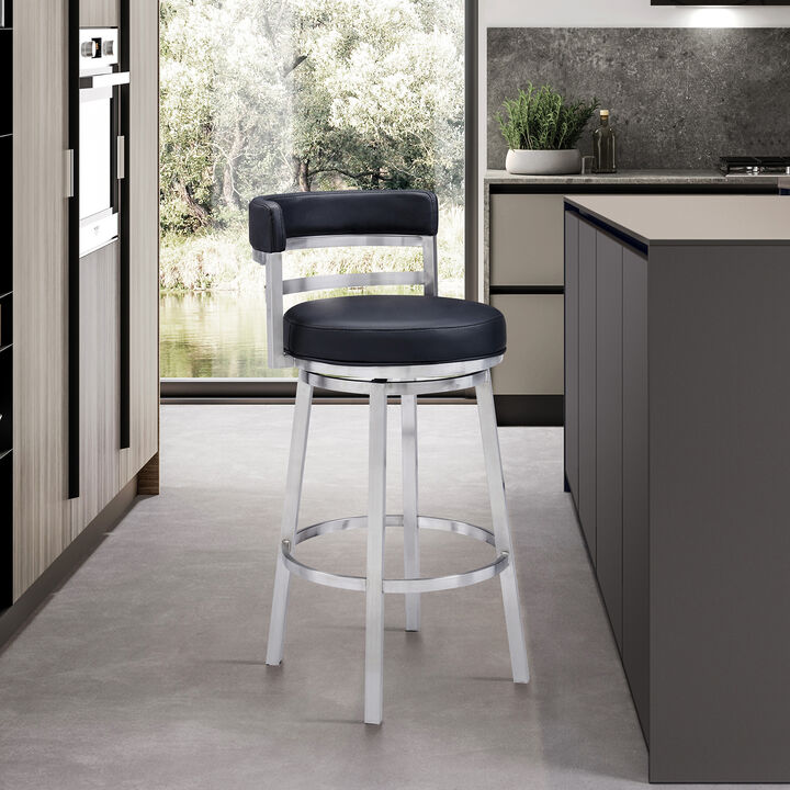 Titana Bar Height Swivel Black Faux Leather and Brushed Stainless Steel Bar Stool