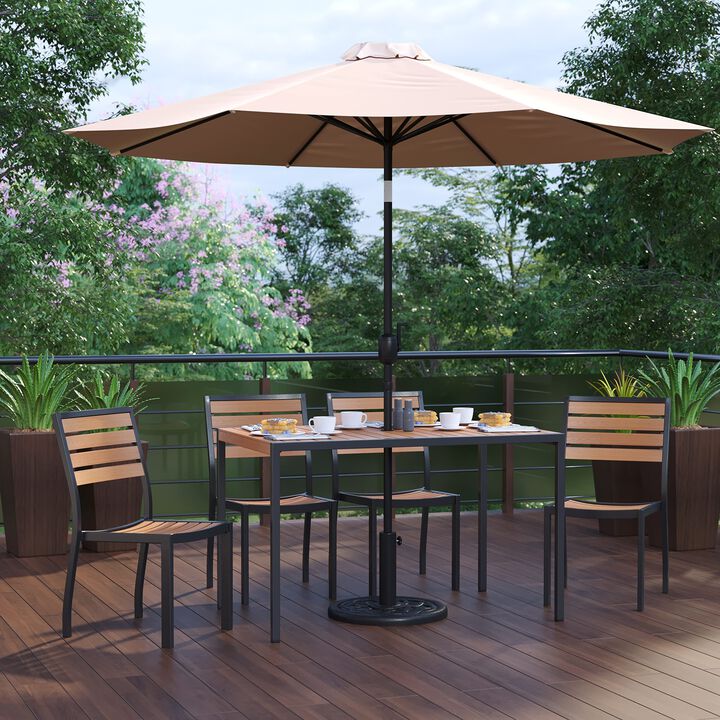 Flash Furniture Lark 7 Piece Patio Table Set - 4 Synthetic Stackable Faux Teak Chairs - 35" Square Faux Teak Table - Tan Umbrella with Base
