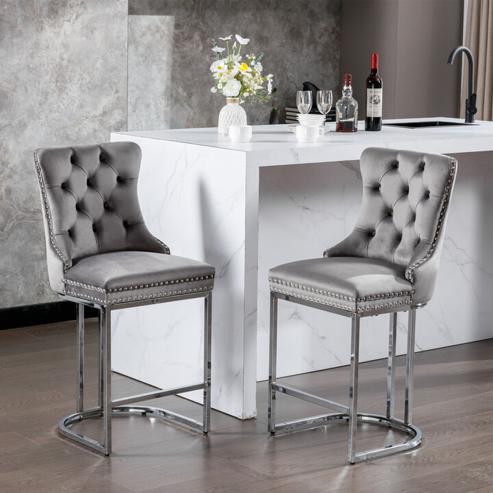 Streamdale Modern Gray Velvet Bar Stools Set Of 2