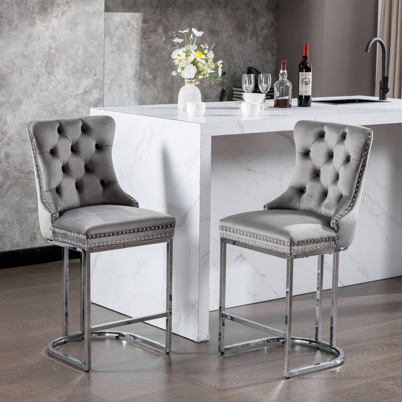 Streamdale Modern Gray Velvet Bar Stools Set Of 2 image number 1