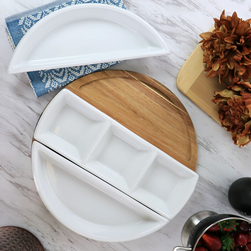 Gibson Elite Gracious Dining 4 Piece Fine Ceramic Sectional Tray Set with Acacia Wood Base