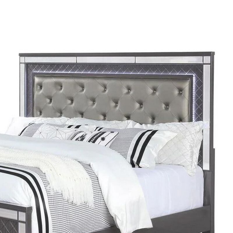 Benjara Reff King Size Bed, Button Tufted Fabric Upholstery, Modern Wood Panel, Gray and Silver