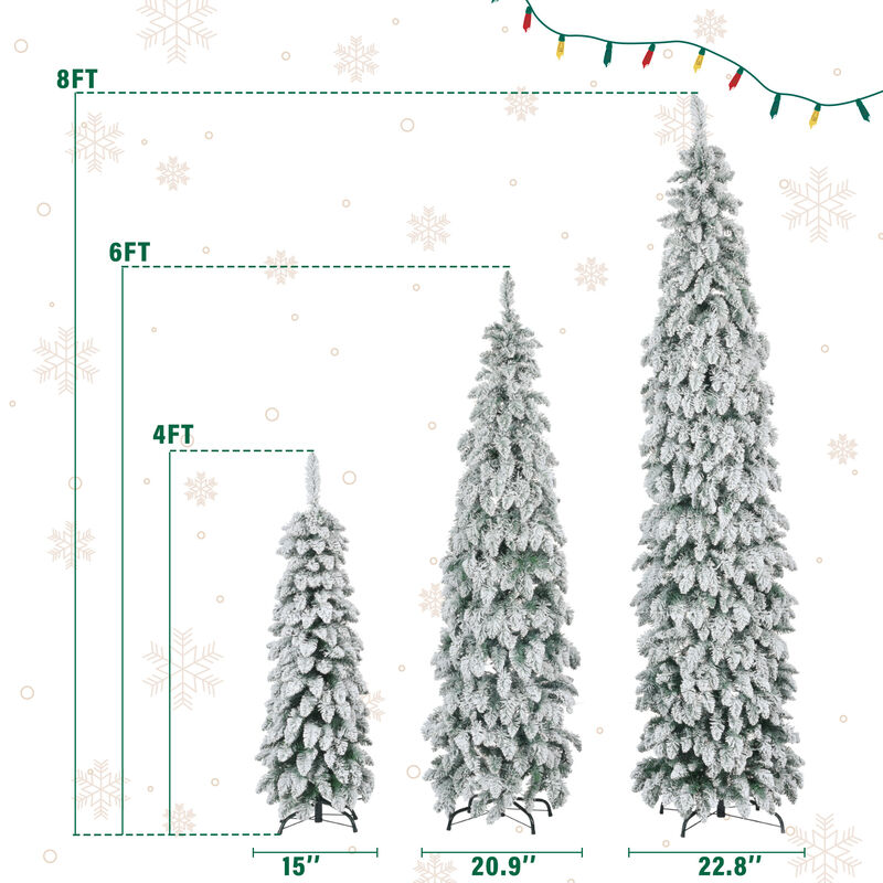 Whisen 8FT, 6FT, 4FT Pre-Lit Pencil Christmas Trees, 3-set Slim Artificial Christmas Tree With Snow Flocking, Xmas Holiday Decoration Tree, 1455 Branch Tips, 520 LED Lights image number 9