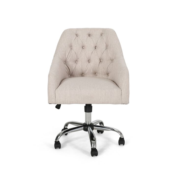 Nysa Swivel Office Chair, Tufted Beige Fabric, Chrome Steel - Benzara