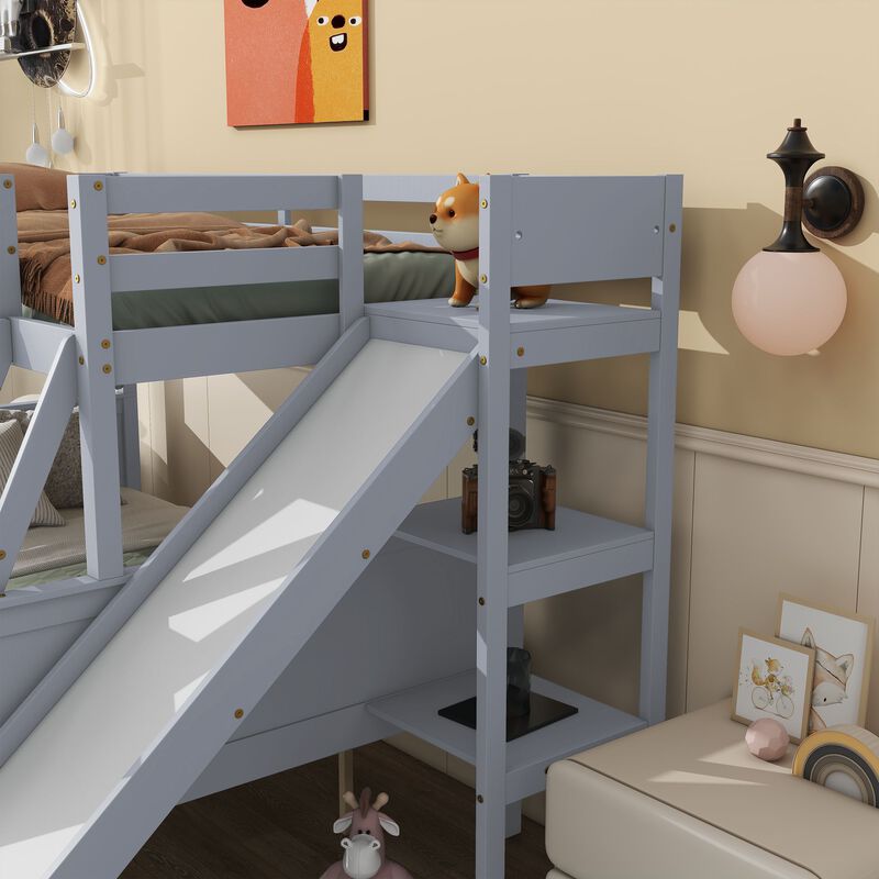 Whisen Twin over Full Rubber Wood Bunk Bed with 2 Drawers, Slide, Shelves and Ladder - White