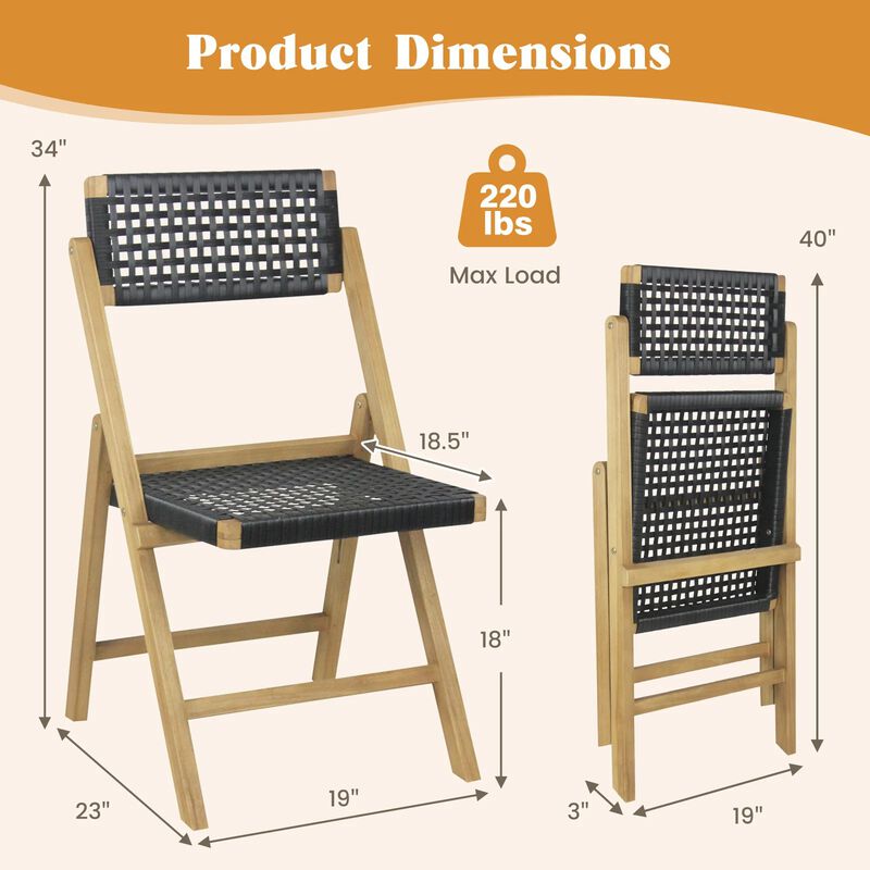Set of 2 Folding Teak Wood Dining Chairs with Woven Rope Seat and Back image number 4