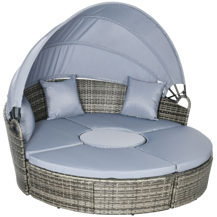 Outsunny 4 Piece Round Rattan Daybed, Convertible Patio Furniture Set, Adjustable Sun Canopy, Sectional Outdoor Sofa, 2 Chairs, Extending Tea Table Ottoman Chair, 3 Pillows, Light Gray
