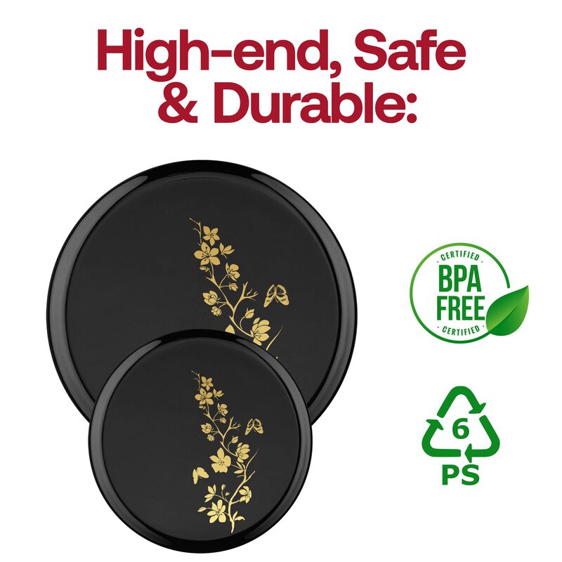 10" Black with Gold Floral Round Plastic Dinner Plates (120 Plates) image number 4