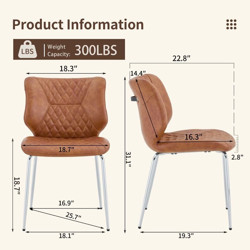 Set of 2 Leather Dining Chairs Square High Back Dining Chairs with Diamond Tufting Retro Dining Chairs with Metal Legs and Back Handle image number 2