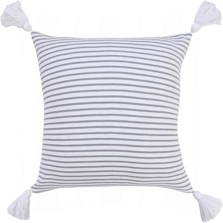 HomeRoots 20" Gray And White Striped Cotton Throw Pillow Cover with Tassels