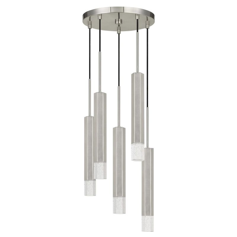 Hexagonal Metal Frame 5 LED Light Pendant with Glass Diffuser, Gray - Benzara