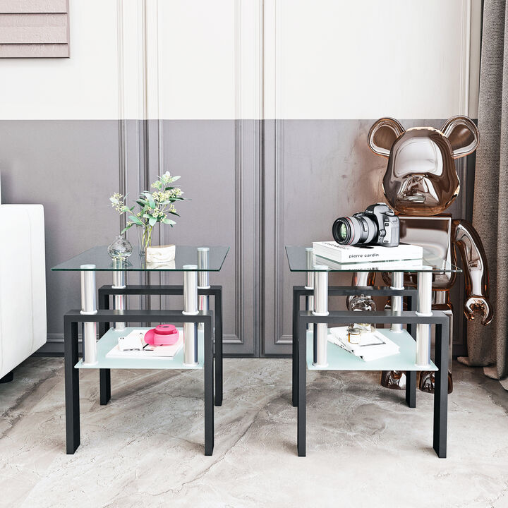 Set of 2 Modern Tempered Glass Tea and Coffee End Table, Square Table for Living Room