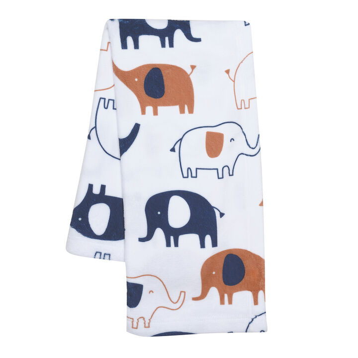 Lambs & Ivy Playful Elephant White/Blue Printed Fleece Baby Blanket
