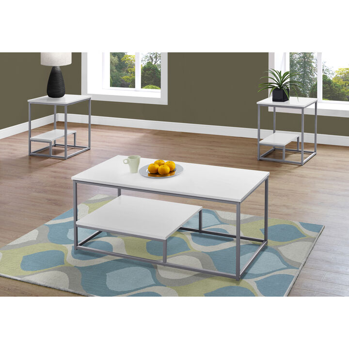 Monarch Specialties I 7961P Table Set, 3pcs Set, Coffee, End, Side, Accent, Living Room, Metal, Laminate, White, Grey, Contemporary, Modern