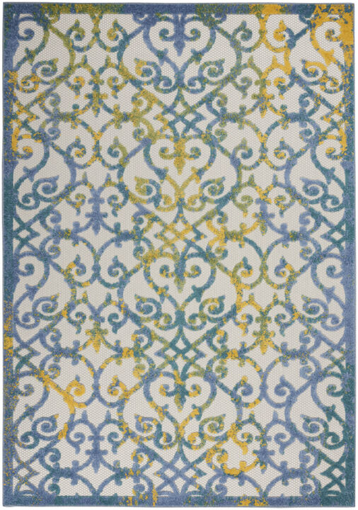 HomeRoots 6' X 9' Ivory Blue And Yellow Trellis Indoor Outdoor Area Rug