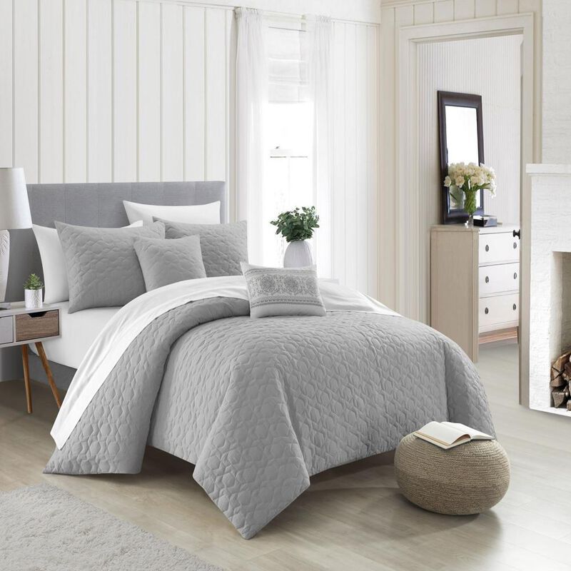 NY&C Home Davina 5 Piece Comforter Set Geometric Hexagonal Pattern Design Bedding - Decorative Pillows Shams Included, King, Grey