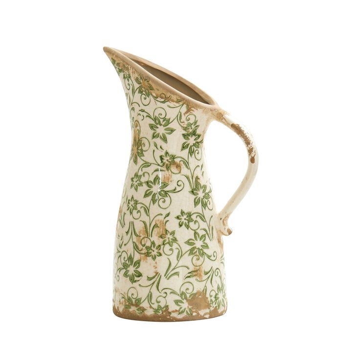 Nearly Natural 10-in Tuscan Ceramic Green Scroll Pitcher Vase