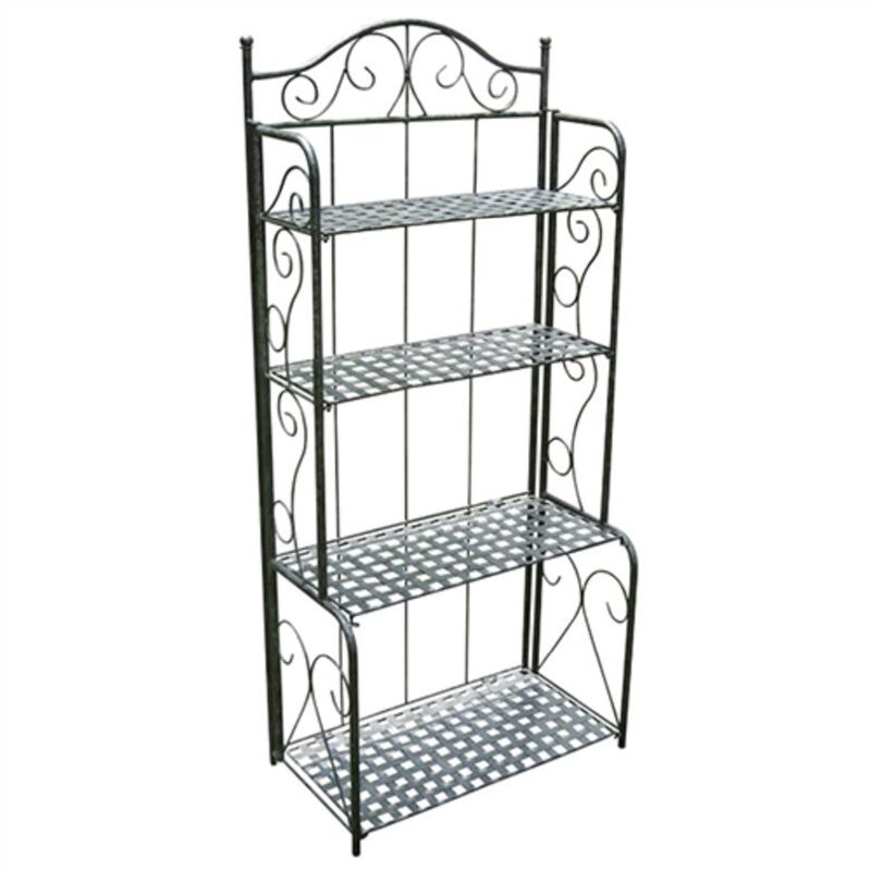 IIndoor/Outdoor Folding Metal Baker’s Rack – 4-Tier Lattice Shelves in Iron for Garden or Kitchen Storage