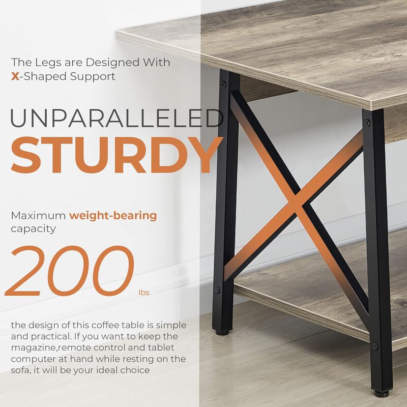 GreenForest Coffee Table Large 43.3 x 23.6 inch Rustic Farmhouse with Storage Shelf for Living Room, Easy Assembly, Grey WASH