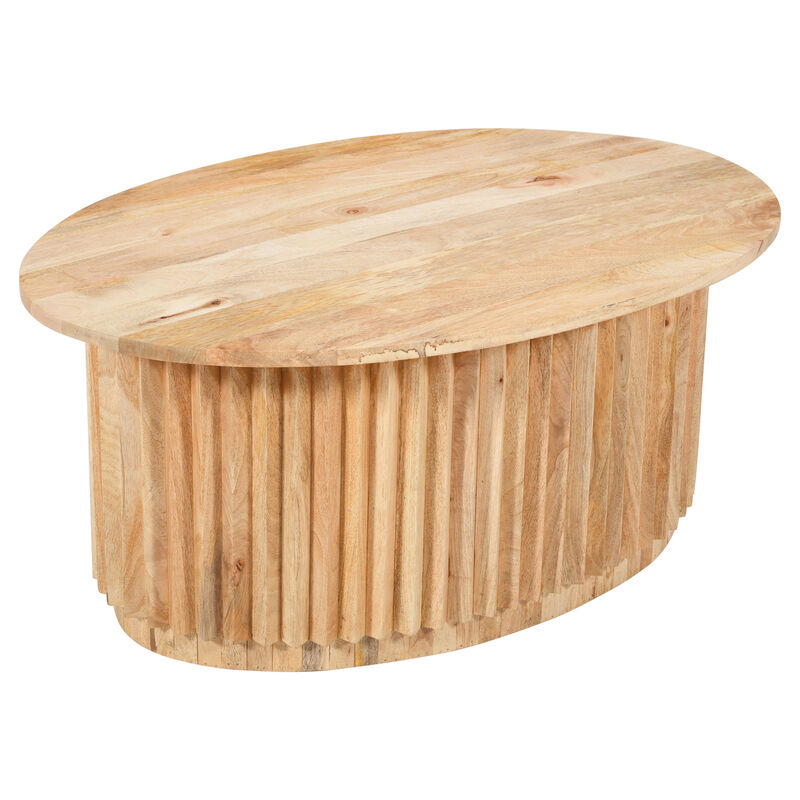Muna Coffee Table, 36 Inch Oval Top, Handcrafted Mango Wood, Reeded Base with Hidden Storage, Natural Brown