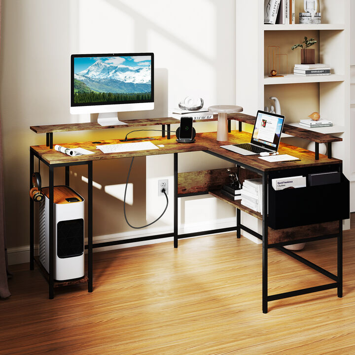 L Shaped Computer Desk with LED Lights and Built In Power Outlets for Gaming
