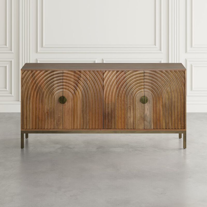 Jofran Asher 69 Solid Wood Mid-Century Modern Curved Arch Sideboard Cabinet