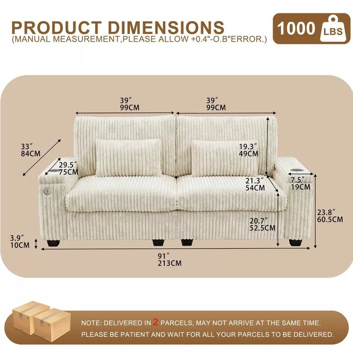 Vipbear 91" Corduroy 2-Seater Loveseat Sofa with Flip-Up Storage Armrests, USB & Type-C Charging