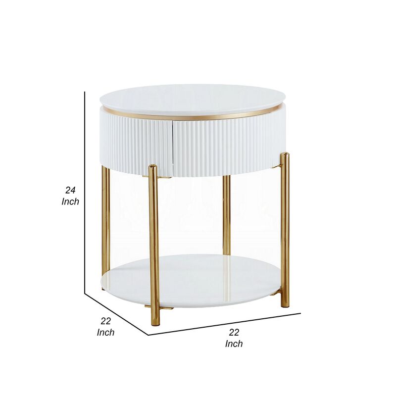 Tyce Side End Table with Drawer, 22 Inch Glossy White, Gold Metal