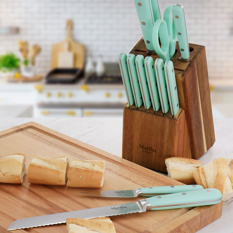 Martha Stewart Stainless Steel 14 Piece Cutlery and Knife Block Set in Mint