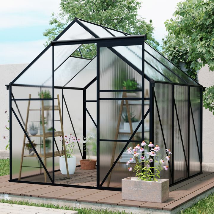 6X6FT BLACK Polycarbonate Greenhouse Raised Base and Anchor Aluminum Heavy Duty Walk-in Greenhouses
