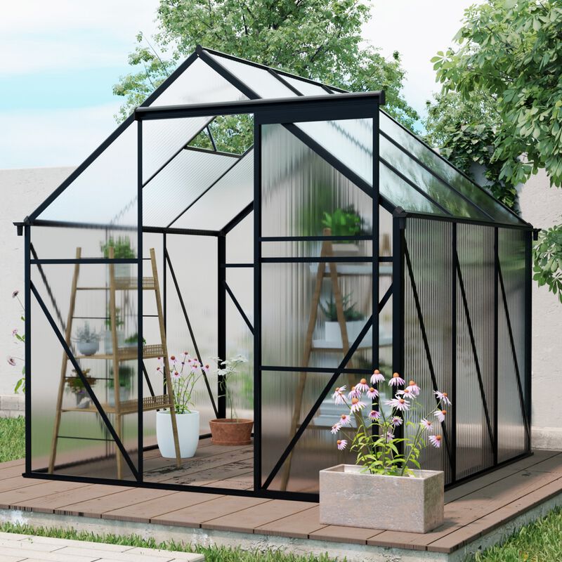 6X6FT BLACK Polycarbonate Greenhouse Raised Base and Anchor Aluminum Heavy Duty Walk-in Greenhouses image number 1