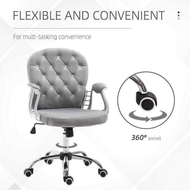 Swivel Chair Ergonomic Chair Middle Back Height Adjustable Office Chair Tufted Backrest Swivel Roller Task Chair with Faux Diamond, Grey image number 6