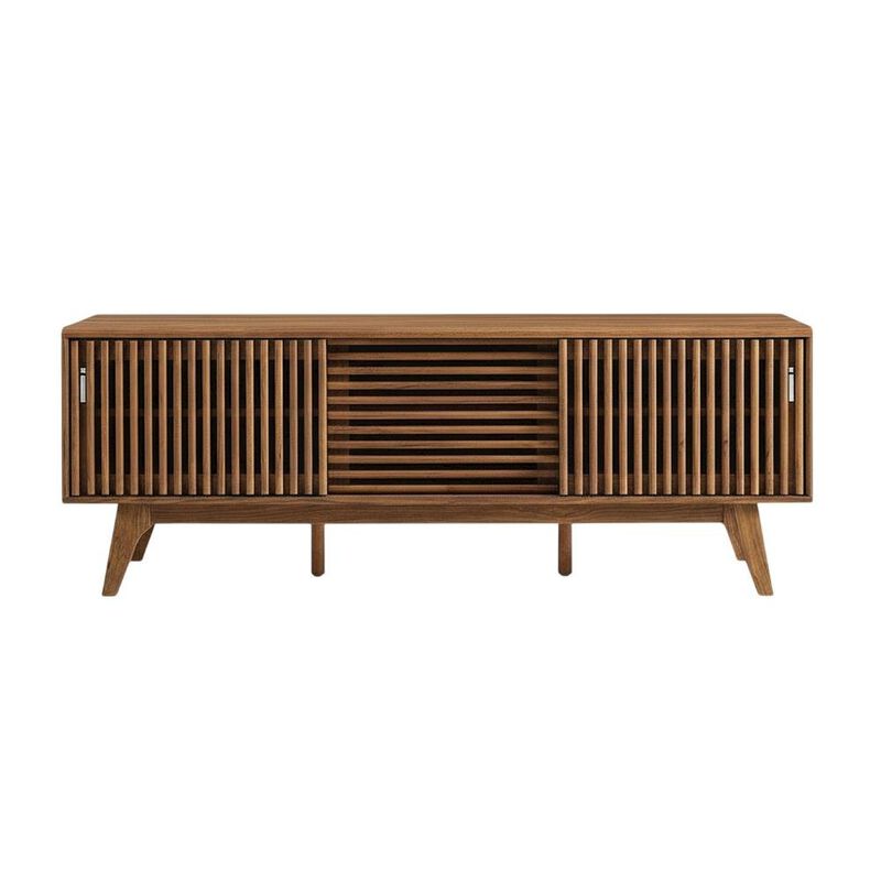 Brown wood TV stand with sleek design and versatile storage solution image number 1