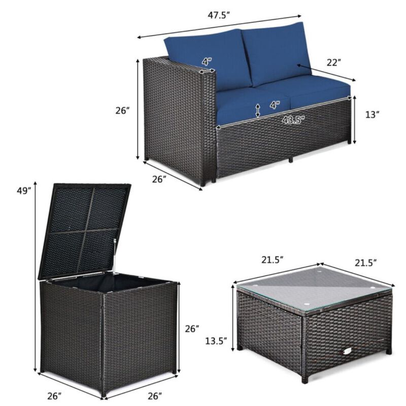Hivvago 4 Pieces Outdoor Patio Rattan Furniture Set with Loveseat and Storage Box