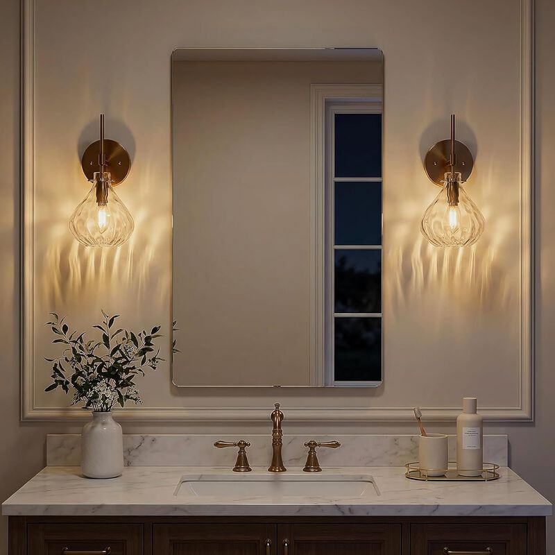 Gold Wall Sconces Set of Two, Hammered Glass Vanity Wall Lamps image number 4